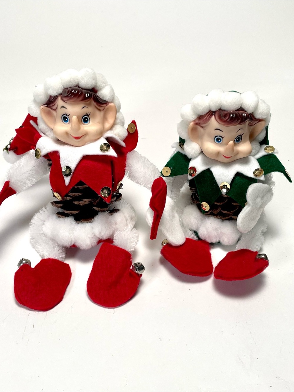Vintage Pinecone Christmas Elf Pixie Figures Set of 2 Retro Jingle Bell Decor - Picture 6 of 7